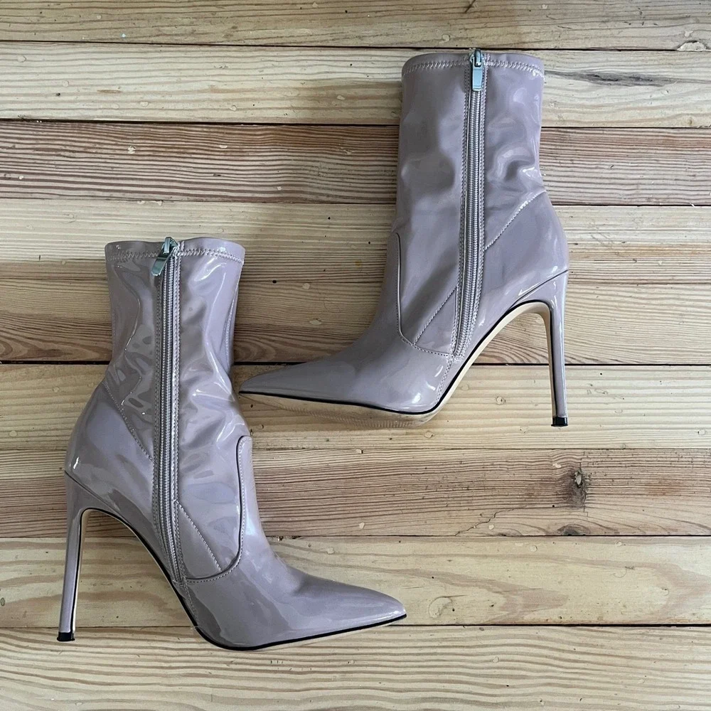 Nine West‎ Pointed Toe Stiletto Heel Ankle Boots Taupe Patent Leather Dressy
